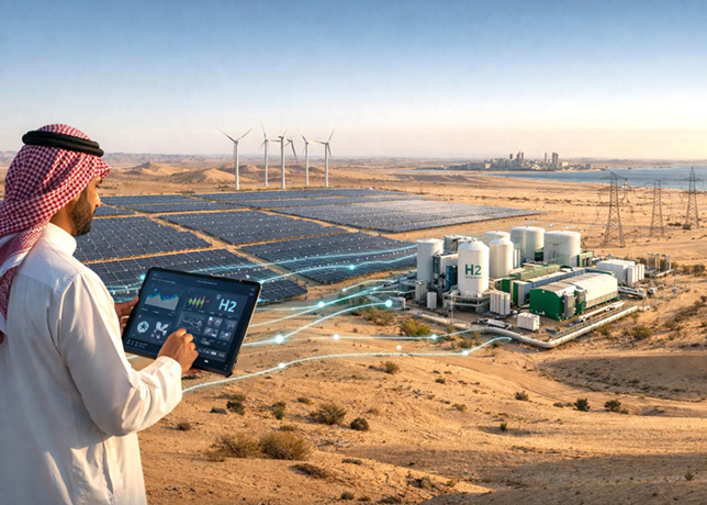 Engineer reviewing solar panel and wind turbine infrastructure data on a tablet in Saudi Arabia